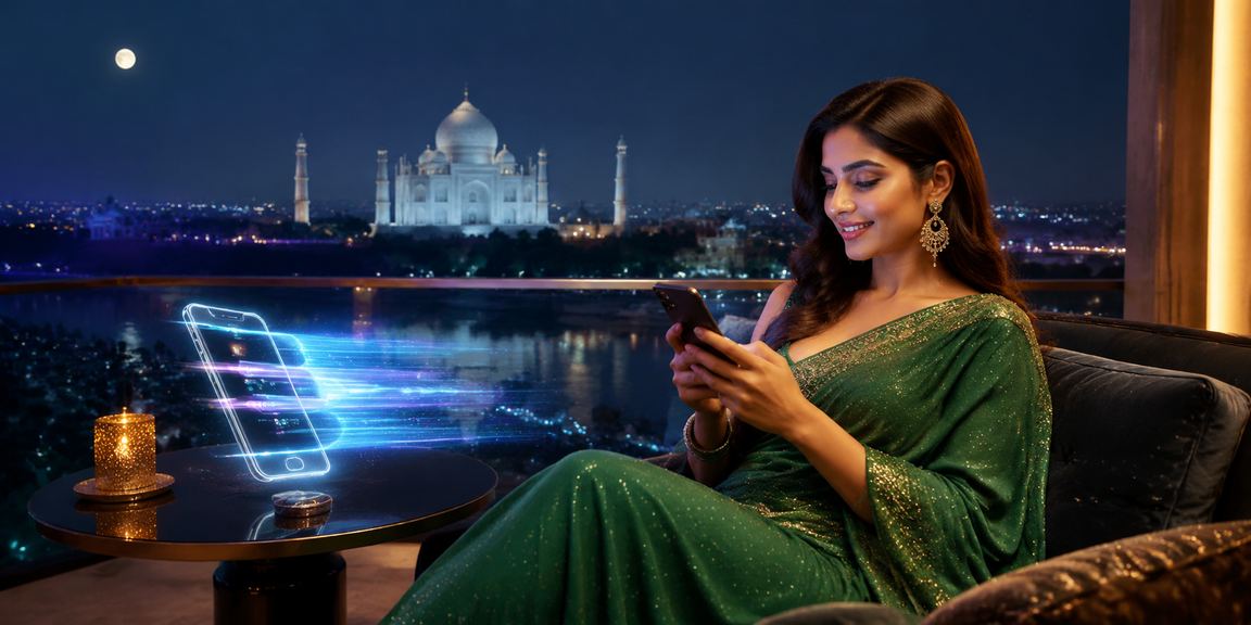 View of Taj Mahal with traditional cloth and mobile phone for depositing
