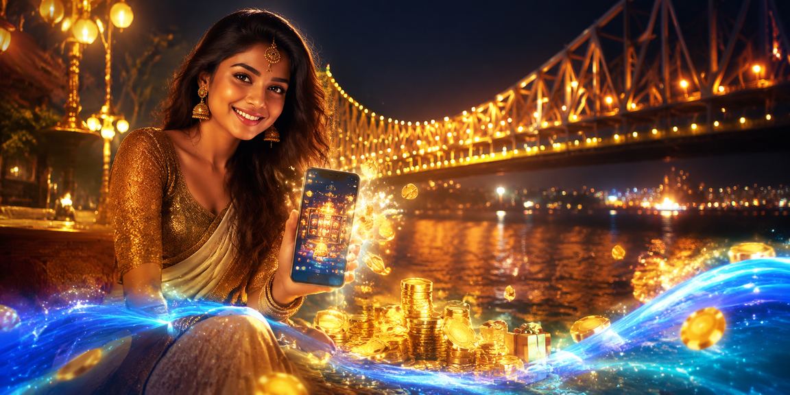 View of Kolkata’s Howrah Bridge by night with digital cricket betting interface overlaid